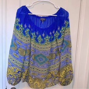 Hale Bob 100% Silk, Oversized Blue & Yellow Patterned Blouse, On/Off Shoulder